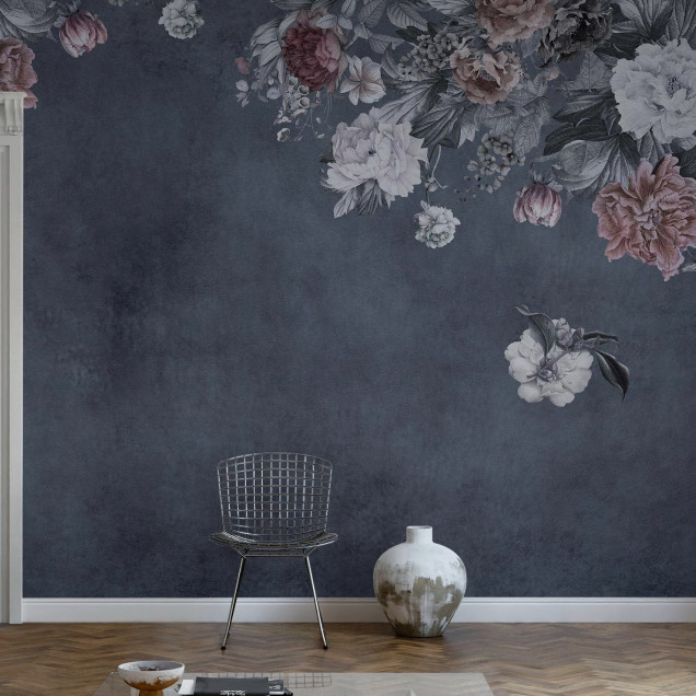 Fototapet floral vintage albastru în decor de dormitor
