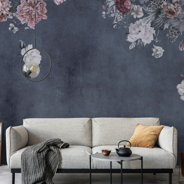 Fototapet floral vintage albastru în decor de dormitor