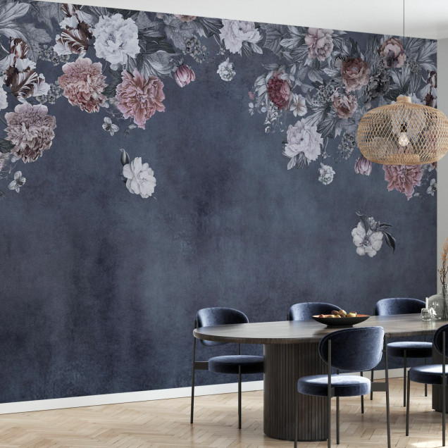 Fototapet floral vintage albastru în decor de dormitor