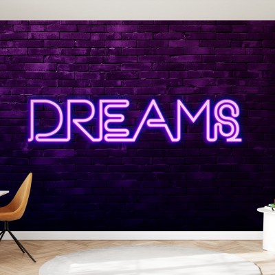 Tapet modern Urban Neon, Dreams, cu design inspirat de ziduri de cărămidă și o inscripție neon 