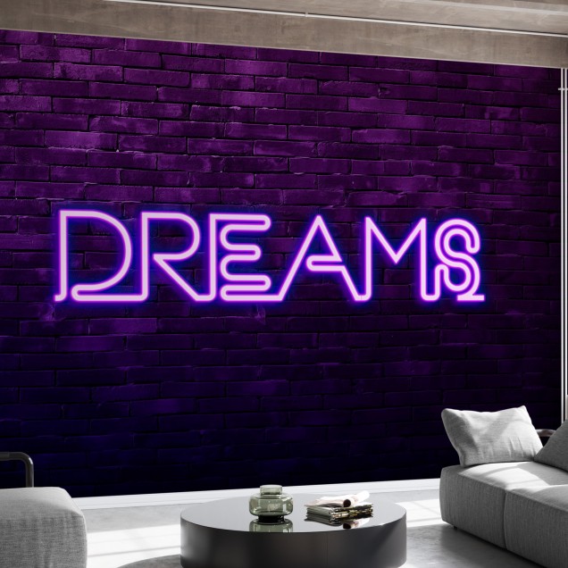 Tapet modern Urban Neon, Dreams, cu design inspirat de ziduri de cărămidă și o inscripție neon 