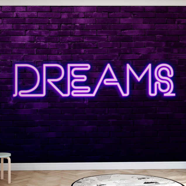 Tapet modern Urban Neon, Dreams, cu design inspirat de ziduri de cărămidă și o inscripție neon 