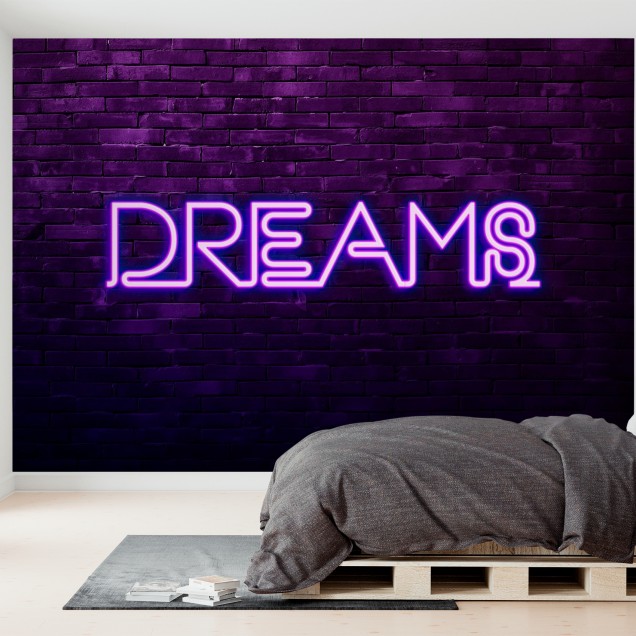 Tapet modern Urban Neon, Dreams, cu design inspirat de ziduri de cărămidă și o inscripție neon 