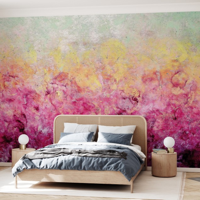 Tapet abstract Lover's Plume, cu nuante de roz si galben, in living