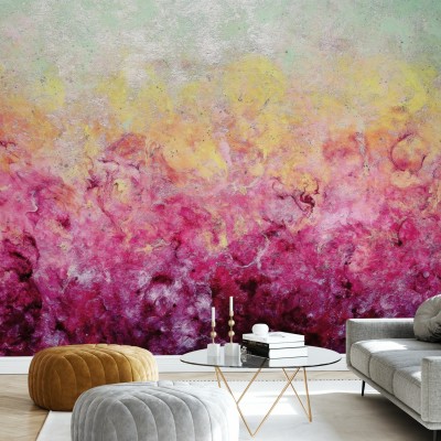 Tapet abstract Lover's Plume, cu nuante de roz si galben, in living