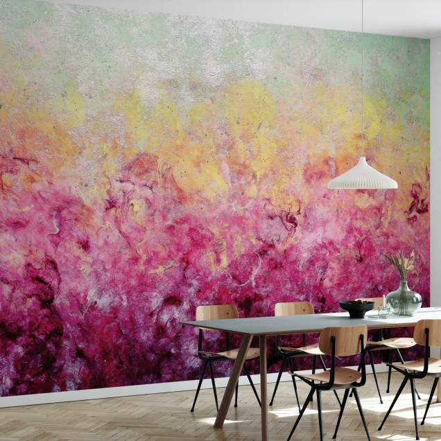 Tapet abstract Lover's Plume, cu nuante de roz si galben, in living