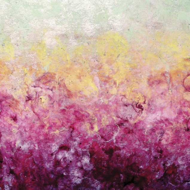 Tapet abstract Lover's Plume, cu nuante de roz si galben, in living