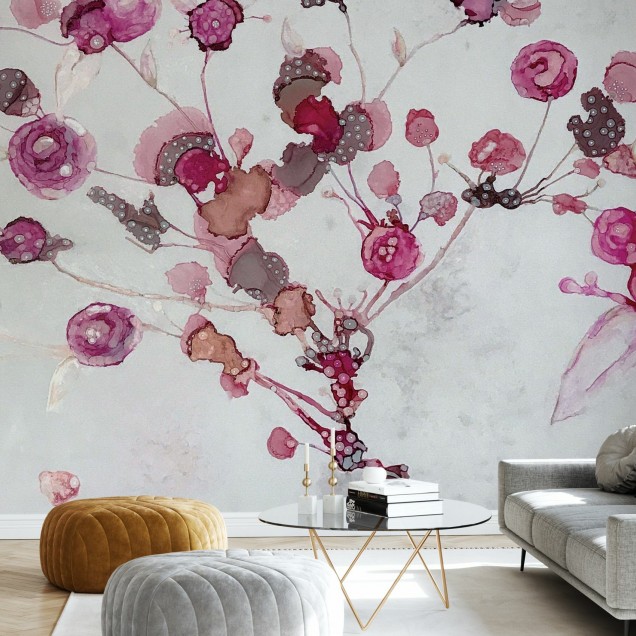 Tapet floral Peonies cu flori roz delicate pe un fundal gri, in dormitor