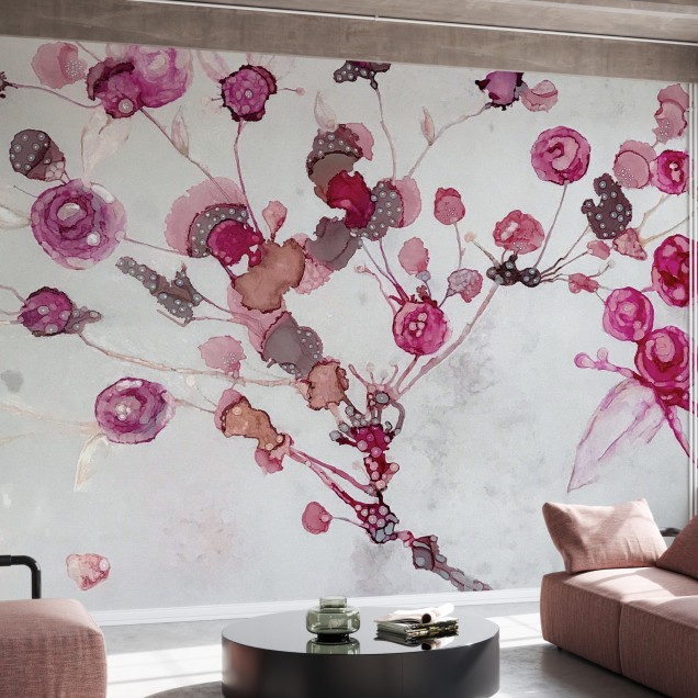 Tapet floral Peonies cu flori roz delicate pe un fundal gri, in dormitor