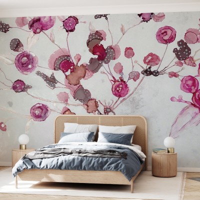Tapet floral Peonies cu flori roz delicate pe un fundal gri, in dormitor
