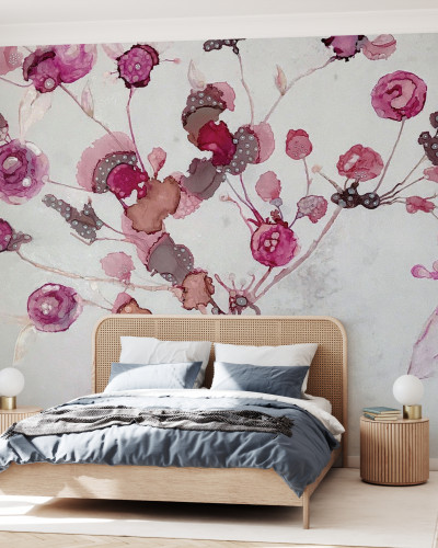 Tapet floral Peonies cu flori roz delicate pe un fundal gri, in dormitor