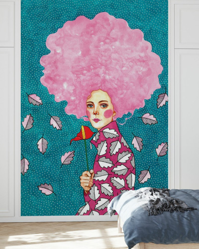 Wallpaper Whisper cu o fată cu părul roz, cu un design artistic si vibrant, perfect pentru a transforma orice cameră in spatiul tău preferat.