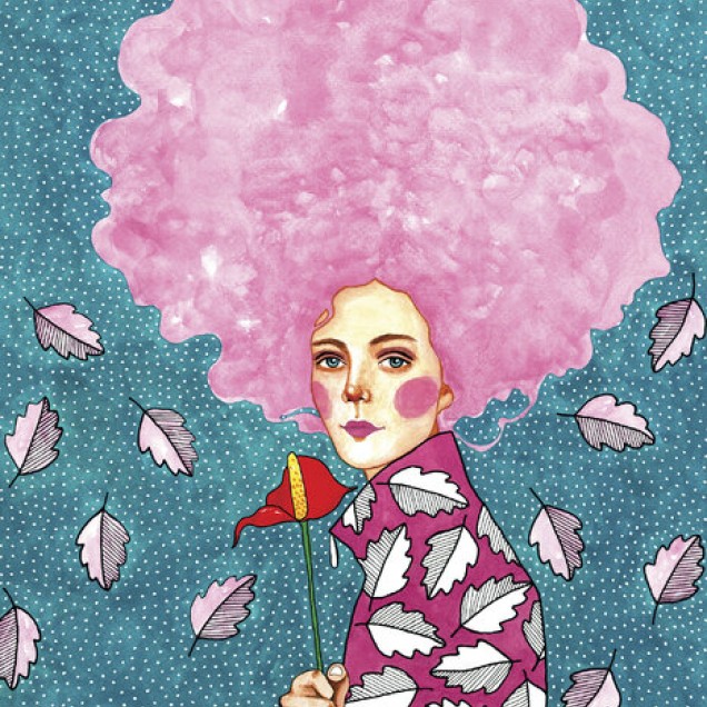 Wallpaper Whisper cu o fată cu părul roz, cu un design artistic si vibrant, perfect pentru a transforma orice cameră in spatiul tău preferat.