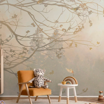 Fototapet cu copac iluminat în decor de cameră