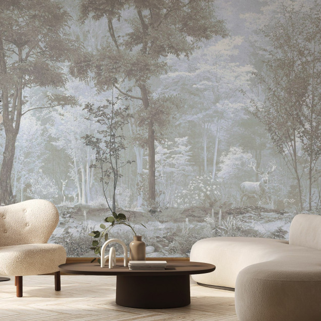 Tapet cu design modern si elegant, Woodland Snapshot, ce imbina armonios natura cu stilul contemporan, cu culori delicate si textura realista.