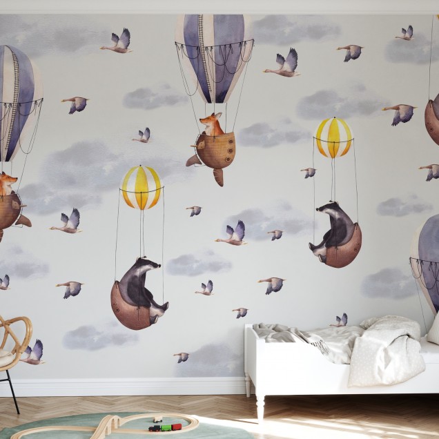 Wallpaper Balloon Flights ilustrat cu baloane cu aer cald si animale simpatice