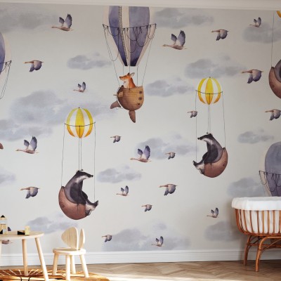 Wallpaper Balloon Flights ilustrat cu baloane cu aer cald si animale simpatice