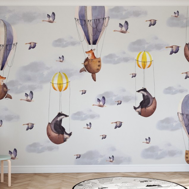 Wallpaper Balloon Flights ilustrat cu baloane cu aer cald si animale simpatice