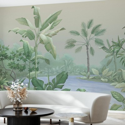 Tapet cu design tropical cu palmieri și vegetație luxuriantă.