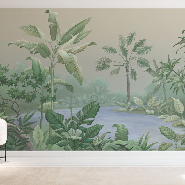 Tapet cu design tropical cu palmieri și vegetație luxuriantă.
