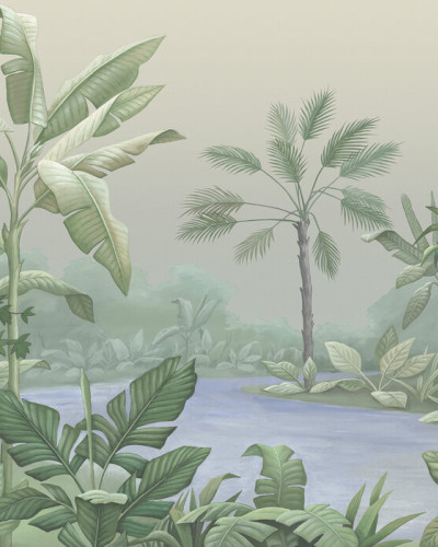 Tapet cu design tropical cu palmieri și vegetație luxuriantă.