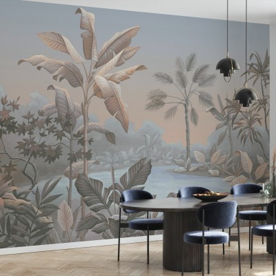 Tapet cu design exotic cu nuanțe de piersică și albastru, decorat cu frunze de palmier și un peisaj tropical.