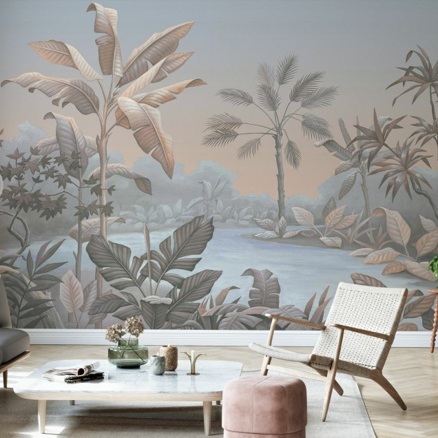 Fototapet cu un peisaj tropical relaxant in nuante de piersica si albastru, cu frunze mari si palmieri.