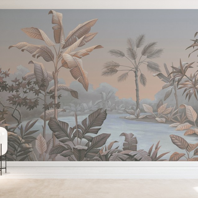 Fototapet cu un peisaj tropical relaxant in nuante de piersica si albastru, cu frunze mari si palmieri.