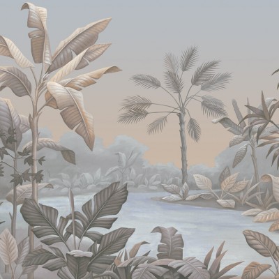 Tapet cu design exotic cu nuanțe de piersică și albastru, decorat cu frunze de palmier și un peisaj tropical.