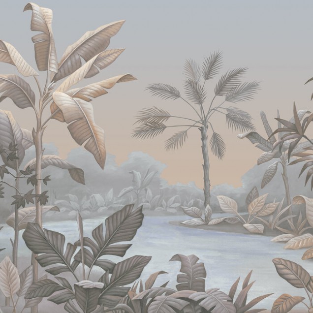 Tapet cu design exotic cu nuanțe de piersică și albastru, decorat cu frunze de palmier și un peisaj tropical.