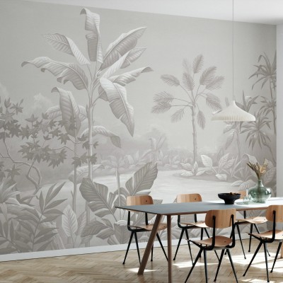 Tapet cu palmieri și frunze tropicale, în nuanțe de bej moale, perfect pentru un living modern.