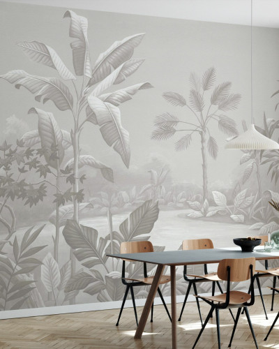 Tapet cu palmieri și frunze tropicale, în nuanțe de bej moale, perfect pentru un living modern.