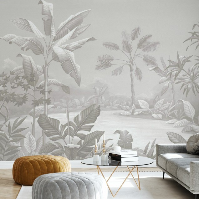 Tapet cu palmieri și frunze tropicale, în nuanțe de bej moale, perfect pentru un living modern.
