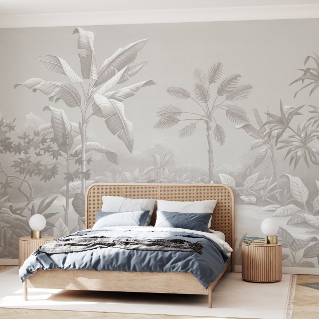 Tapet cu palmieri și frunze tropicale, în nuanțe de bej moale, perfect pentru un living modern.