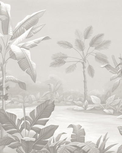 Tapet cu palmieri și frunze tropicale, în nuanțe de bej moale, perfect pentru un living modern.