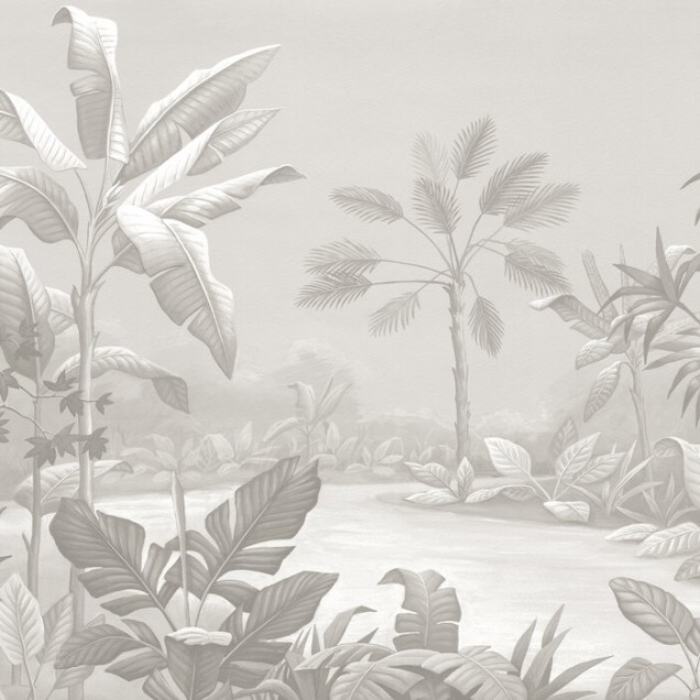 Tapet cu palmieri și frunze tropicale, în nuanțe de bej moale, perfect pentru un living modern.