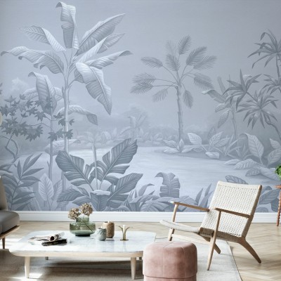 Promised Land, Soft Blue, un Promised Land, Soft Blue  cu design tropical delicat și un ton de albastru estompat, perfect pentru a crea o atmosferă calmă și relaxantă în orice cameră.