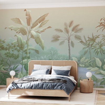 Tapet cu design tropical luxuriant, cu palmieri și frunze de banană într-o gamă de nuanțe de verde.