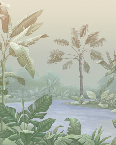 Tapet cu design tropical luxuriant, cu palmieri și frunze de banană într-o gamă de nuanțe de verde.