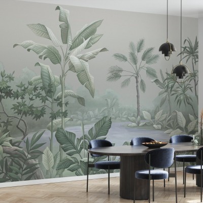 Tapet cu design tropical cu palmieri și apă.