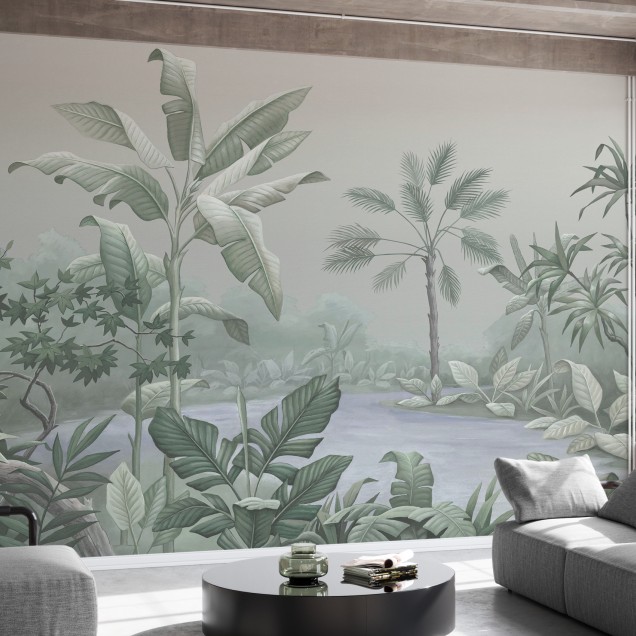 Tapet cu design tropical cu palmieri și apă.