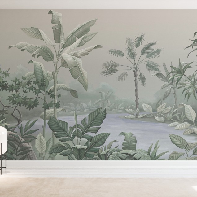 Tapet cu design tropical cu palmieri și apă.