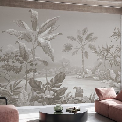 Tapet tropical Promised Land, Sepia, cu palmieri și plante, în nuanțe sepia