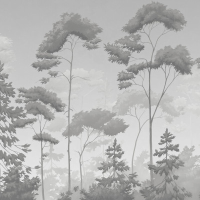 Fototapet cu o pădure scandinavă în tonuri de gri, creând un ambient calm și elegant.