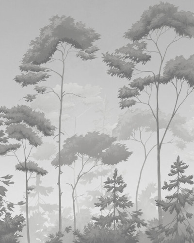 Fototapet cu o pădure scandinavă în tonuri de gri, creând un ambient calm și elegant.