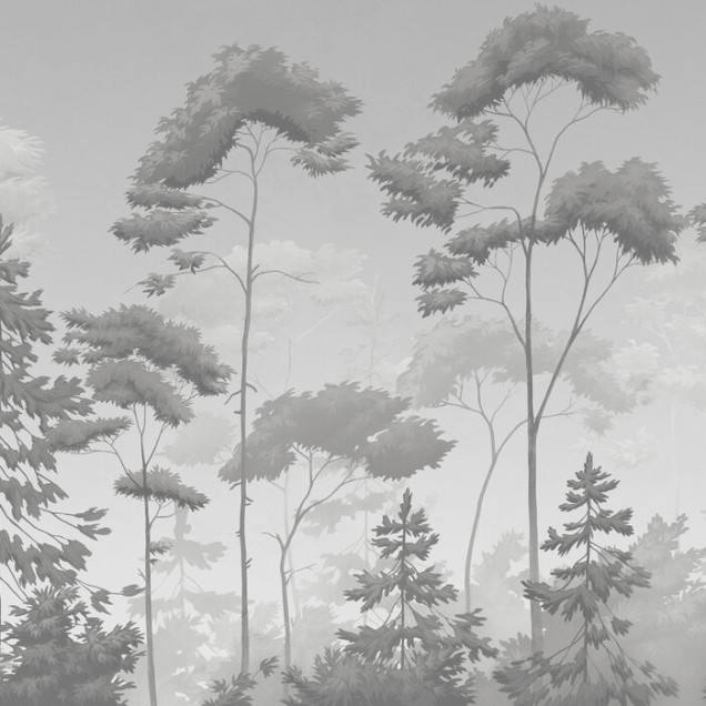 Fototapet cu o pădure scandinavă în tonuri de gri, creând un ambient calm și elegant.