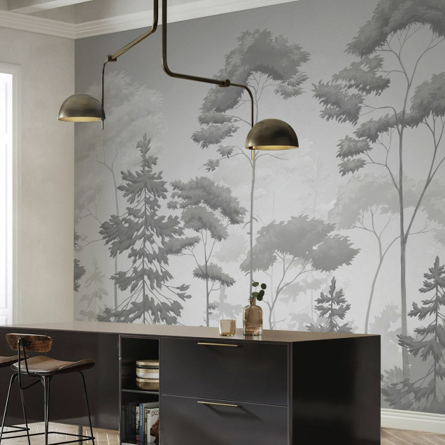 Fototapet cu o pădure scandinavă în tonuri de gri, creând un ambient calm și elegant.