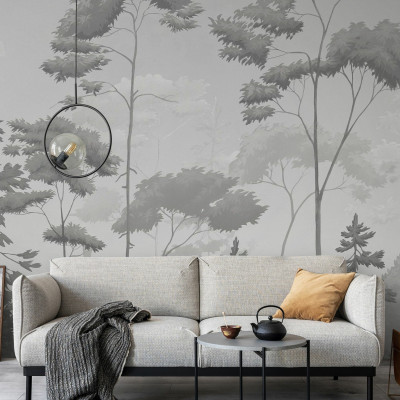 Fototapet cu o pădure scandinavă în tonuri de gri, creând un ambient calm și elegant.
