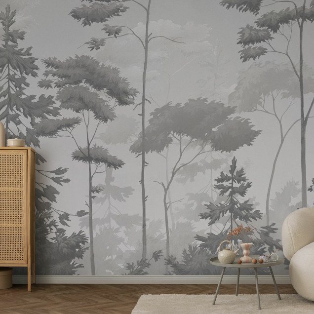 Fototapet cu o pădure scandinavă în tonuri de gri, creând un ambient calm și elegant.