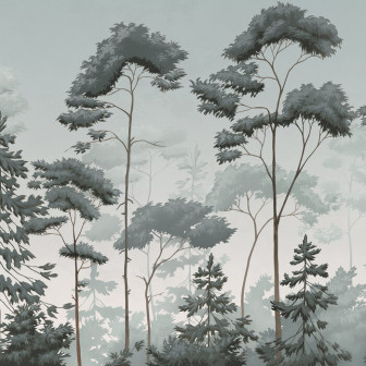 Fototapet cu design scandinav de pădure verde-albastră într-o sufragerie modernă